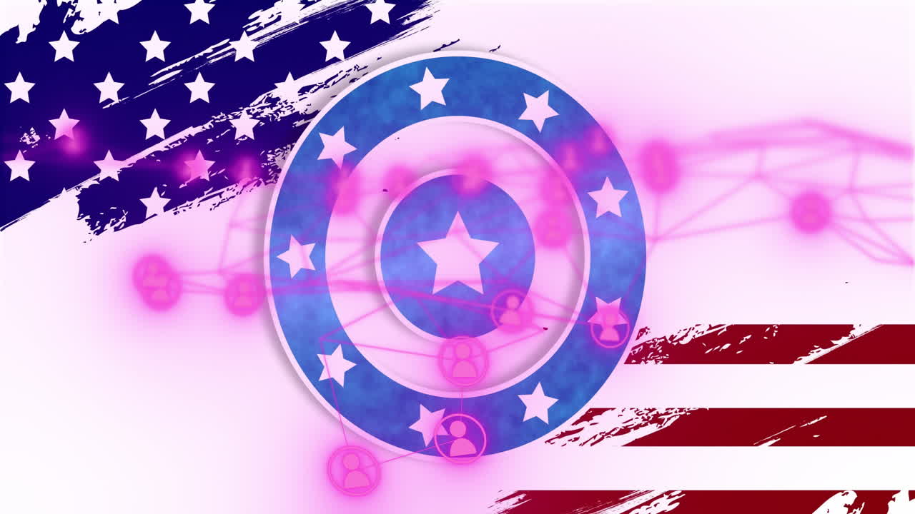 red de conexiones y procesamiento de datos animación sobre elementos de la bandera estadounidense