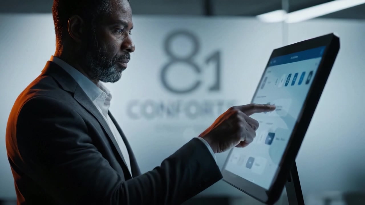 A focused individual examines a digital interface, revealing insights and information in a modern, technology-driven environment, highlighting engagement and curiosity.