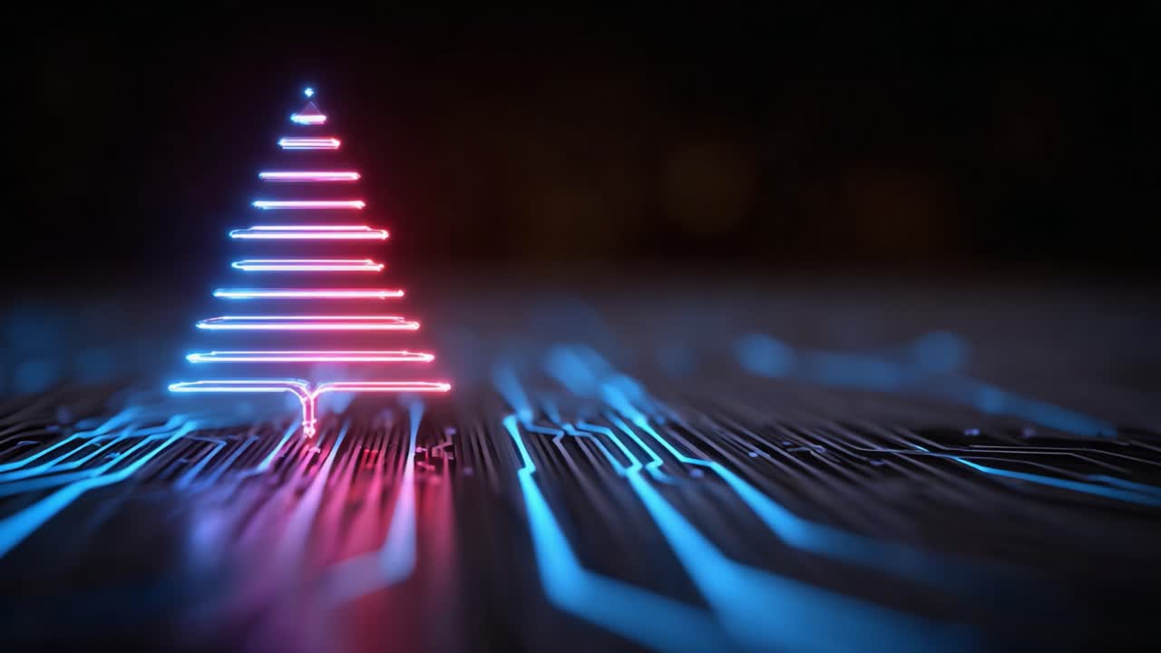 A Glowing Electronic Christmas Tree: A Stunning Display of Modern Technology Blending with Traditional Holiday Spirit through Neon Lights and Circuit Patterns