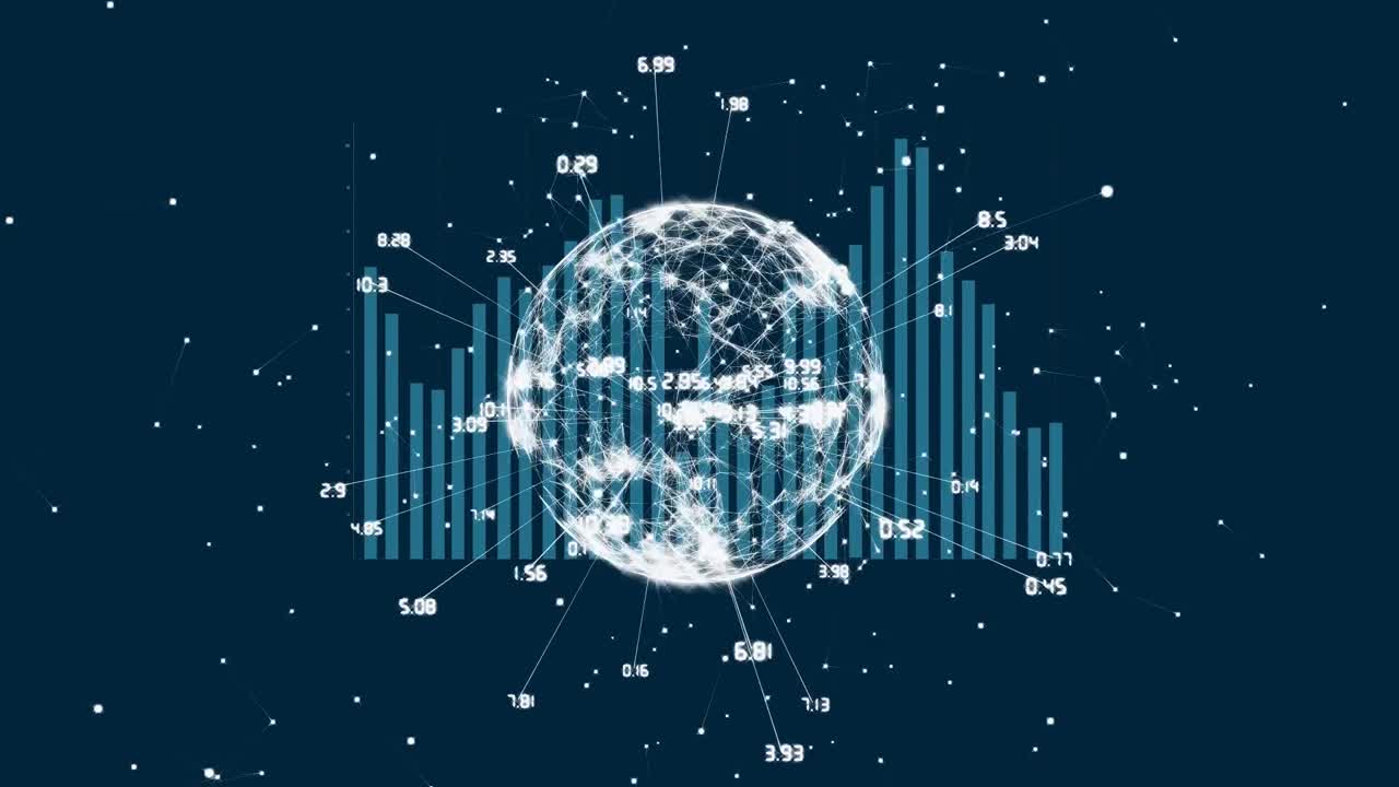 Animation of diverse graphs and globe on navy background