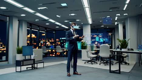 businessman using vr in a modern office at night