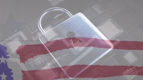 Animation-of-padlock,-data-processing-and-flag-of-usa