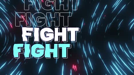 Animation-of-fight-text-in-repetition-in-outline,-white-and-blue-over-light-trails