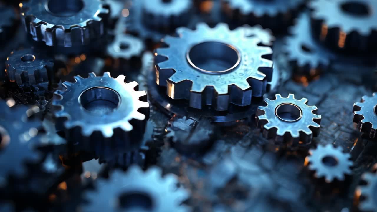 A close up of many gears of different sizes. Concept of complexity and precision, as each gear is intricately designed and interlocked with the others. Scene is one of order and organization