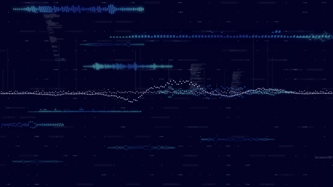 Audio pulse arriving dotted waveform expanding, forming cyan blobs and EQ bars showing spectrum