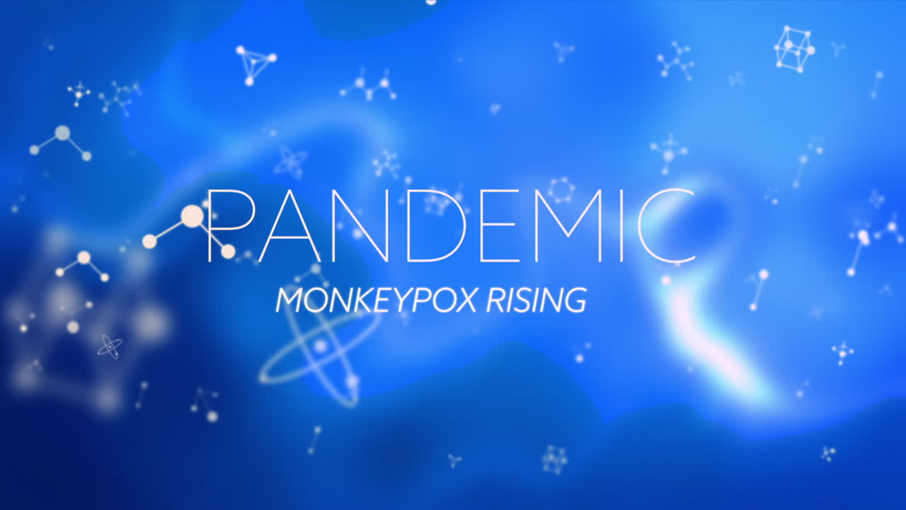 파란색 배경의 분자 위에 있는 원 ⁇ 이 천연두 텍스트의 애니메이션