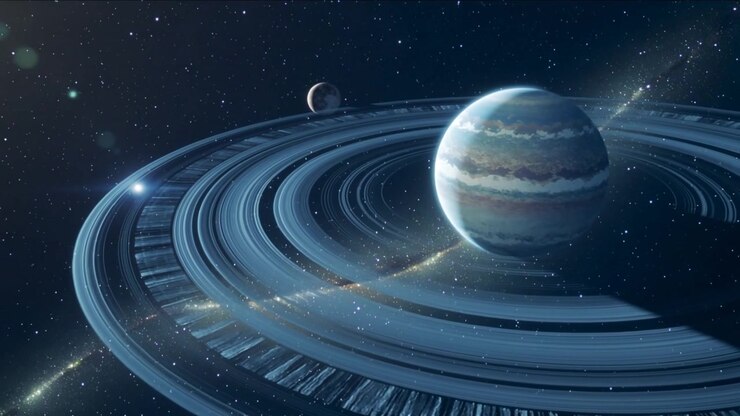 Panning camera starting flyby over ringed gas giant system, revealing ring layers and dust stream
