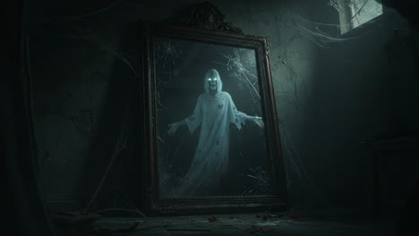 a haunting figure emerges from an old, dusty mirror shrouded in cobwebs, evoking an eerie atmosphere that lingers within a darkened, abandoned room