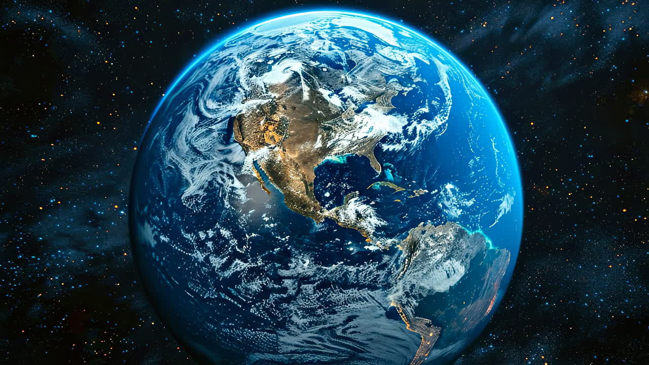 Night view of Earth from space. Earth is shown in stunning detail, shining brightly against a backdrop of stars, showcasing its beauty and diversity