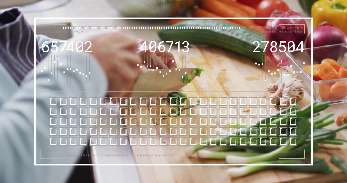 Senior woman placing scallion and chopping on board for food, HUD appearing updating counters grid