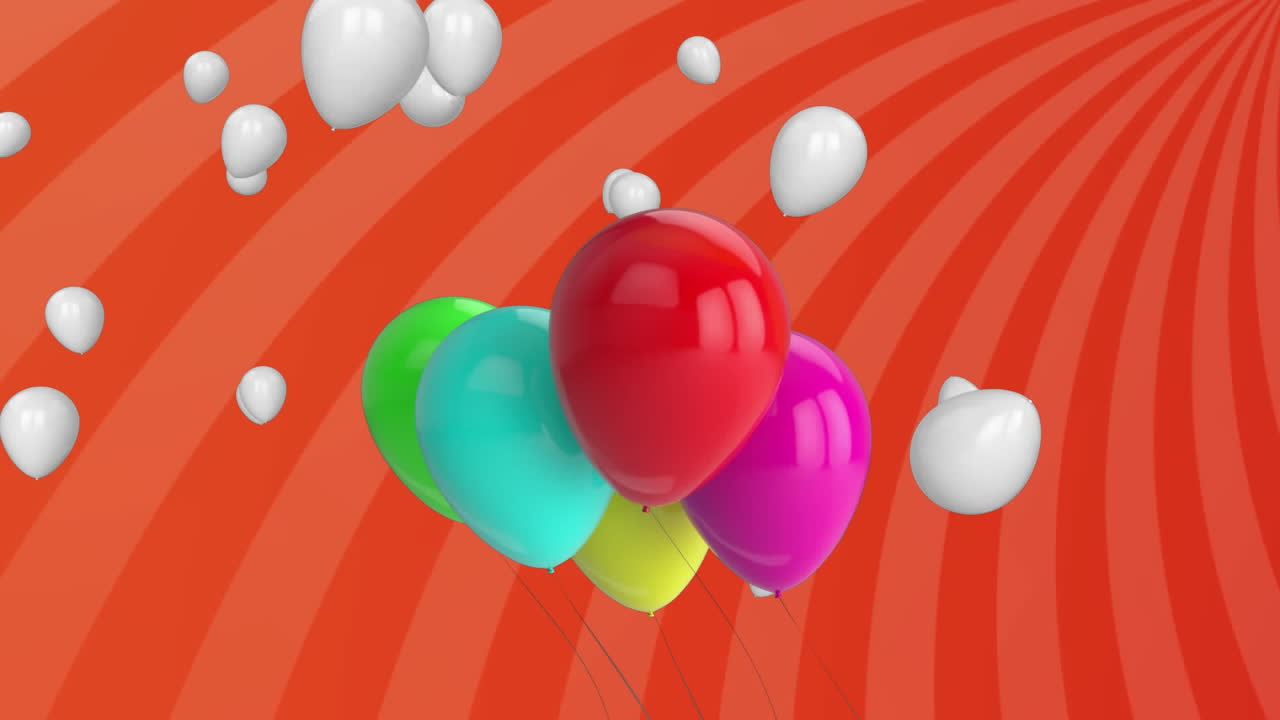 animación de globos flotando sobre rayas rojas giratorias que se mueven en movimiento hipnótico en un bucle sin costuras