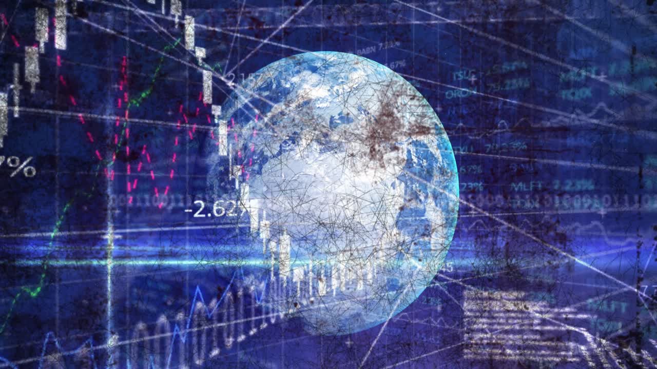 animación del procesamiento de datos financieros, codificación binaria y globo en pantalla digital