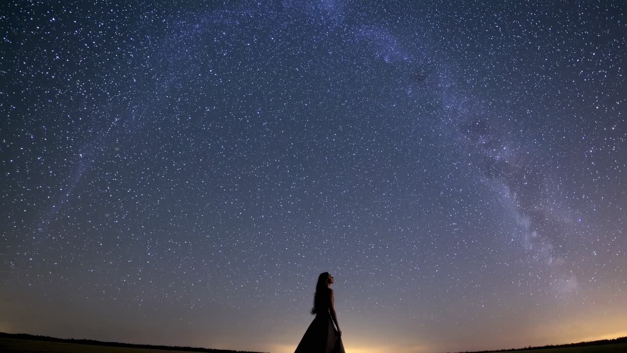Silhouette of a woman under a starry sky, captured from a low-angle