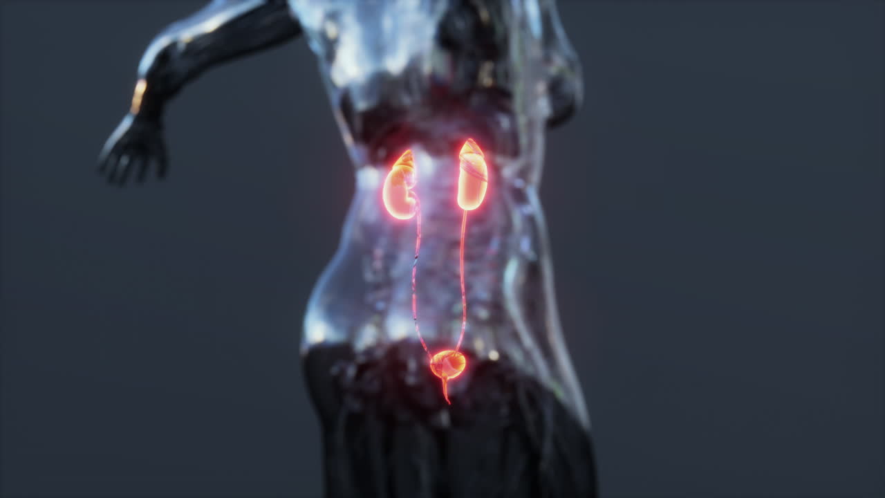 Human kidneys and circulation with a skeleton medical diagram