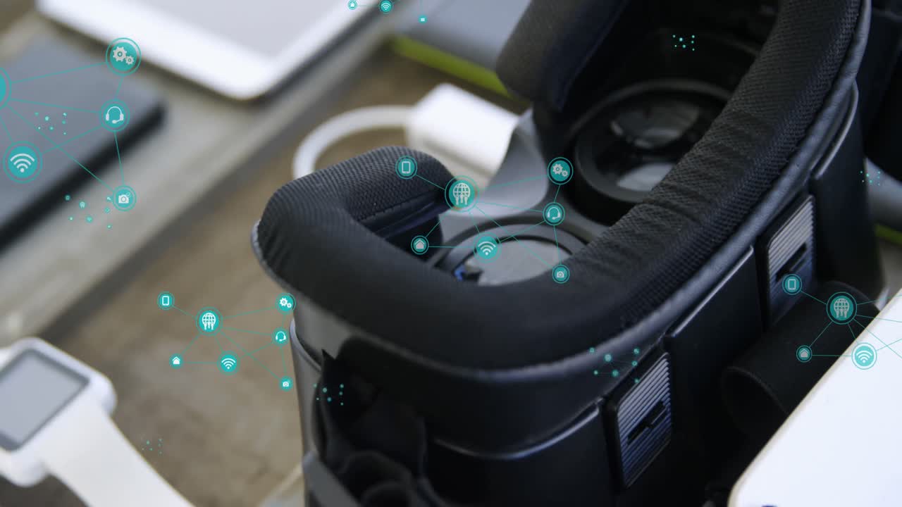 animación de redes de iconos que se mueven sobre el auricular en segundo plano