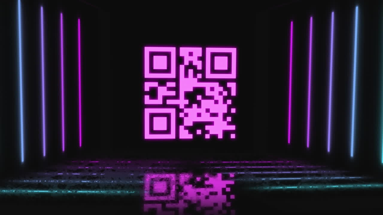 animación digital de código qr de neón rosado brillante contra líneas brillantes en fondo negro