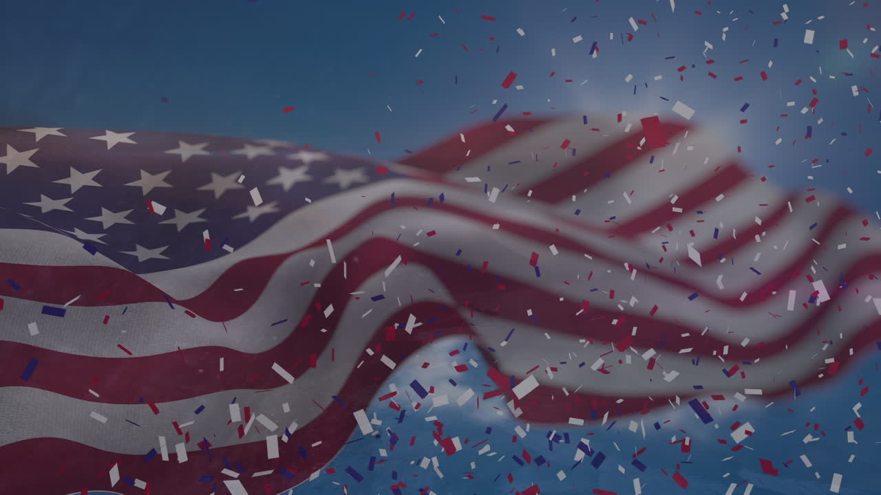 Animation of waving american flag over falling confetti