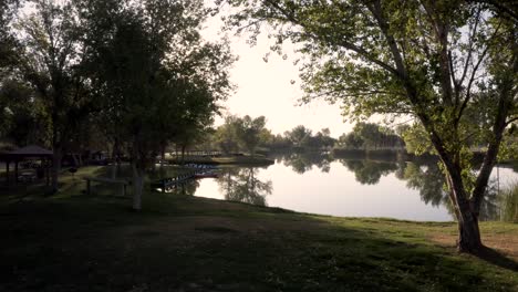 aéreo, volando a través del parque sobre un lago plácido al amanecer en la mañana de otoño