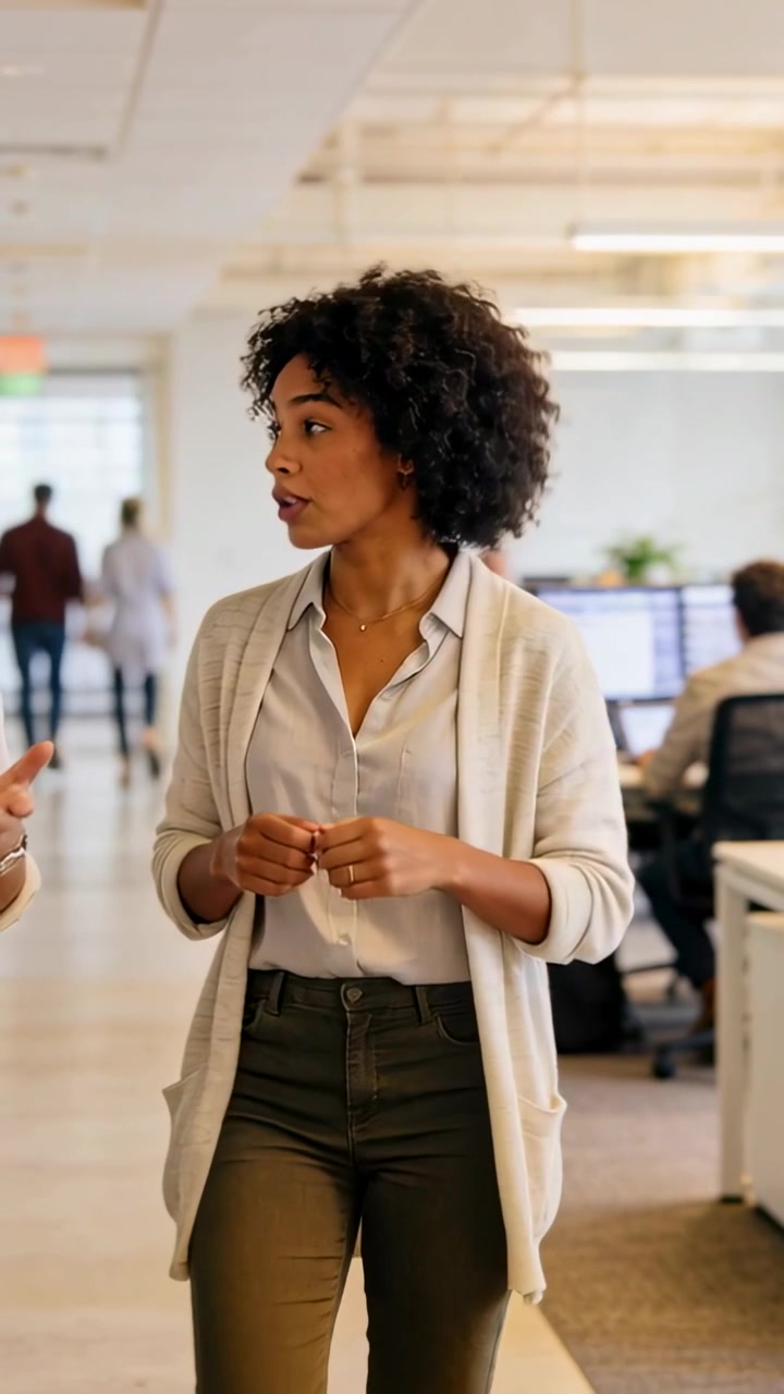 Vertical video: Walking woman in knit pausing speaking after seeing coworker in hall near monitors