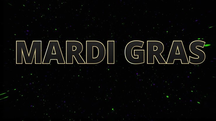 Mardi Gras Fat Tuesday. Animated beautiful background with text and bright confetti on black screen. Last night before fasting. Carnival Mardi Gras seamless looped pattern. 4k graphic motion