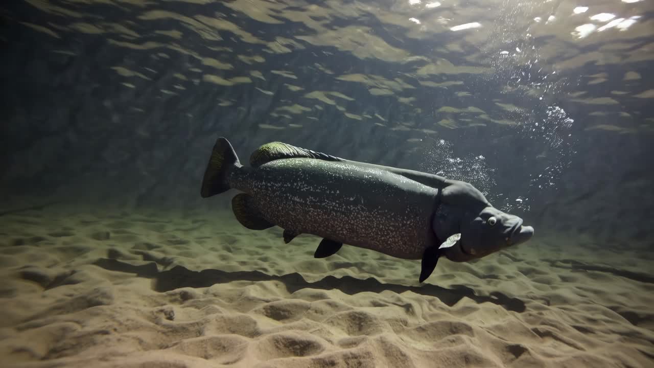 Underwater video of a fish swimming near the sandy bottom, captured from a side angle