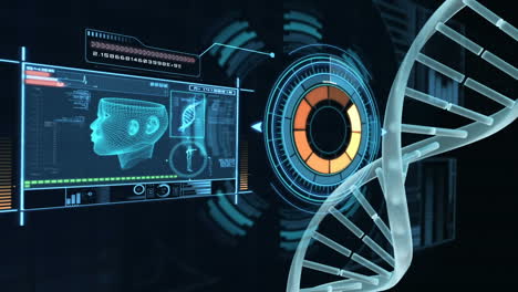 Spiral molecule of DNA in abstract blue space with data backdrop