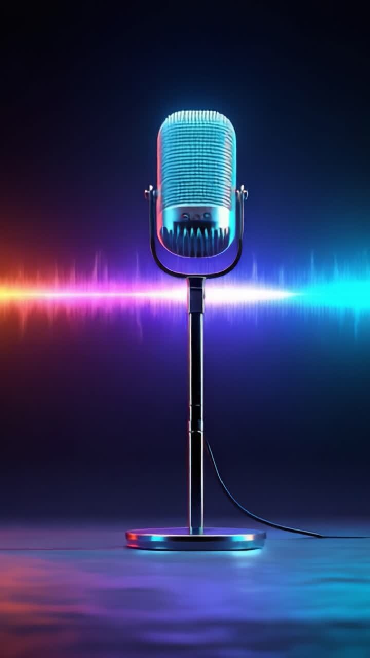 Microfono illuminato catturato in uno splendido sfondo sfumato con vivide onde sonore che rappresentano temi e elementi di design della tecnologia di acquisizione audio vibrante.