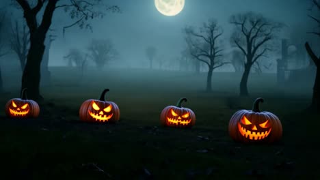 spooky halloween night with jack-o-lanterns and a zombie hand