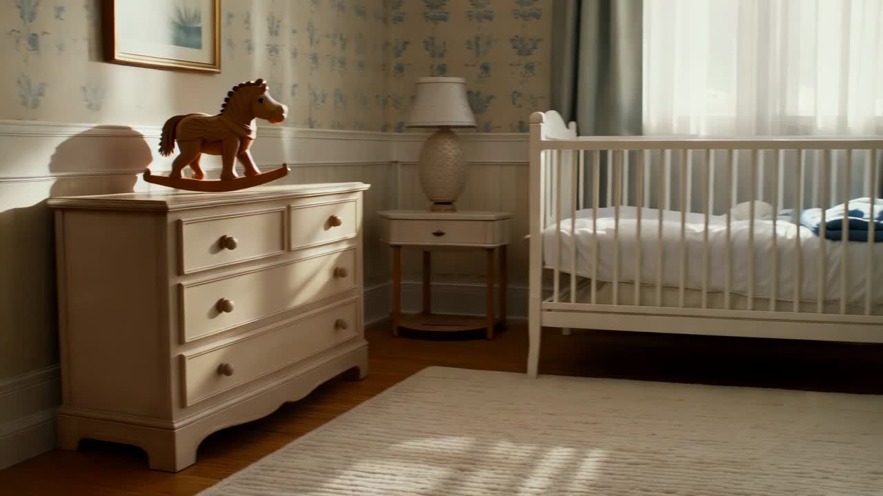 Inizia con una ripresa panoramica orizzontale a destra che rivela una cameretta preparata in casa, mostrando una culla, una coperta blu e una sedia