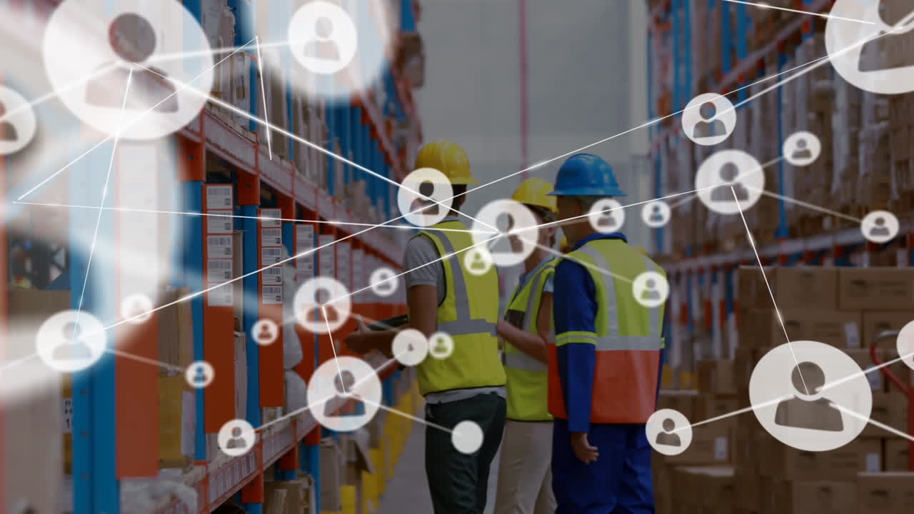 анимация сети соединений над людьми, работающими на складе