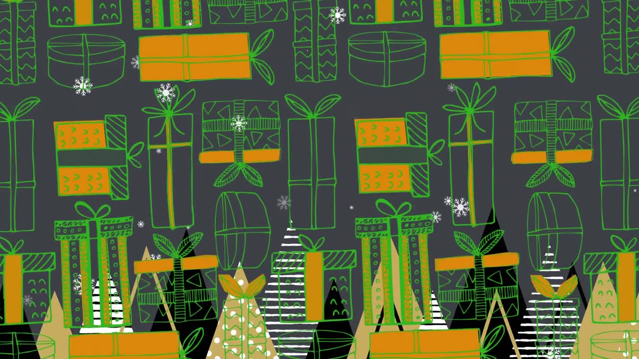 여러 개의 크리스마스 트리 아이콘 위에 떨어지는 스노우플레이크 크리스마스 선물 아이콘 위에 원활한 패턴으로