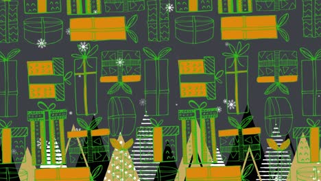 copos de nieve cayendo sobre varios iconos de árboles de navidad sobre iconos de regalos de navidad en un patrón sin costuras