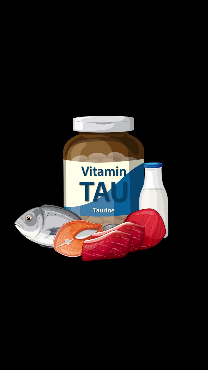 Un flacone di integratore di taurina appare con latte, pesce e carne su sfondo nero, con transizioni additive fluide.