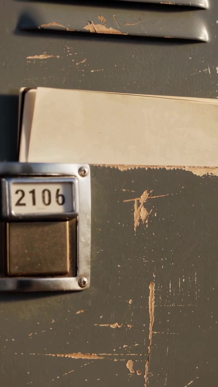 Vertical video: Panning camera revealing metal locker at mailroom, plaque 2106 button and envelope