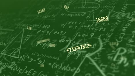 animación digital de múltiples números cambiantes flotando contra ecuaciones matemáticas en el fondo verde