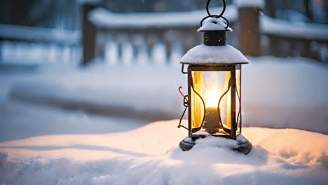 a bright lantern illuminating the snowy landscape