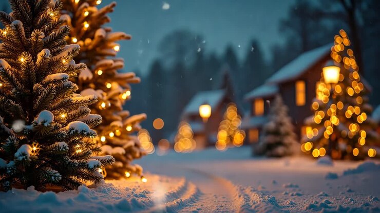 pueblo navideño nevado por la noche
