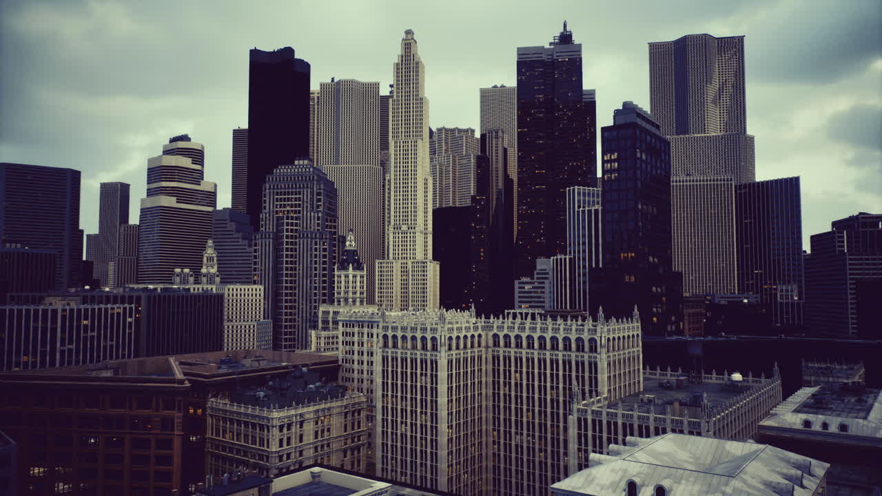 City skyline view showcasing modern skyscrapers against a cloudy sky