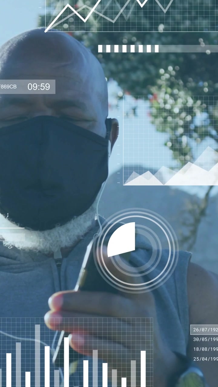 Vertical video: Fit man tapping smartphone, animating HUD charts and bars for fitness tracking