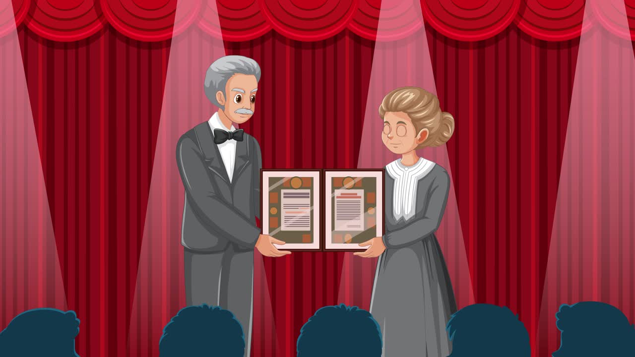 무대에서 가문나무를 보여주는 애니메이션 캐릭터입니다.