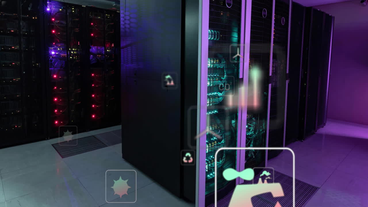 animación de iconos ecológicos y procesamiento de datos a través de servidores informáticos.