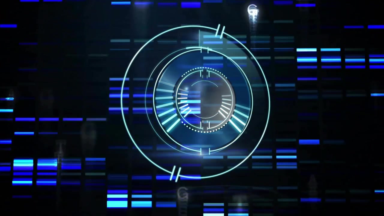 Grid fading holographic interface, rotating rings illuminating arcs, bars pulsing glyphs drifting