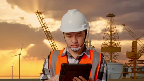 primer plano de un ingeniero asiático con casco de seguridad trabajando en una tableta mientras estaba de pie con la producción de hidrógeno en alta mar