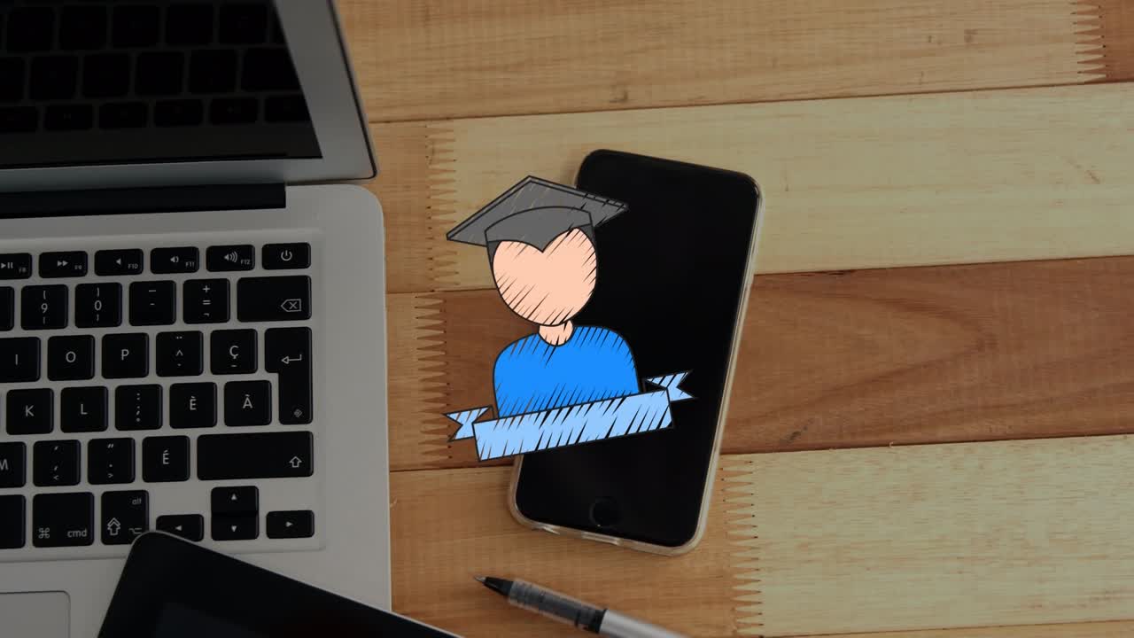 Animazione di icone di studenti su laptop e smartphone su scrivania