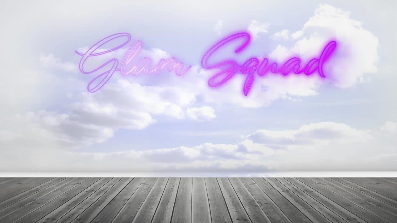 글램 스드 분홍색 네온 표지판과 구름이 가득한 하늘과 나무 바닥