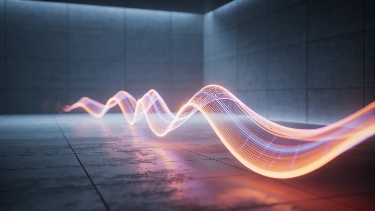 Emerging from left rear luminous ribbon wave advancing across tiled concrete floor, lighting tiles