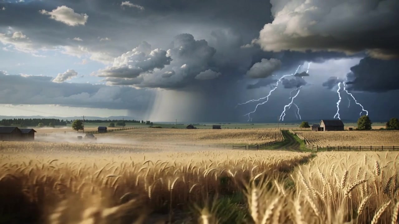 Swaying golden wheat field rippling under gusting wind at farm road, with lightning striking