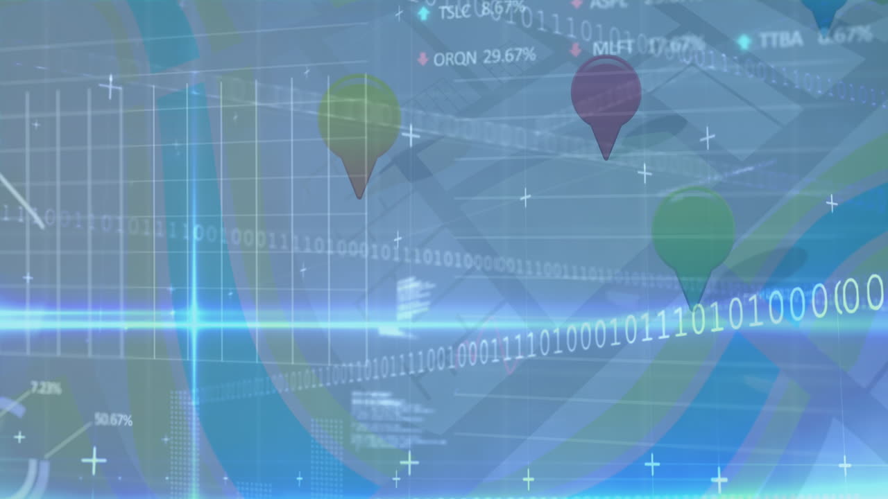 핀을 가진 지도 위에 데이터와 정보로 굴러가는 그래프의 애니메이션