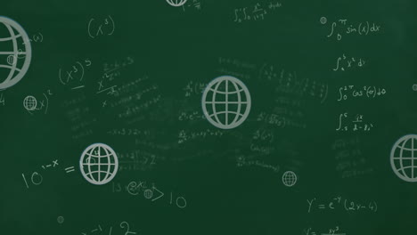 animación de ecuaciones matemáticas y iconos de globo web flotando contra un fondo verde.