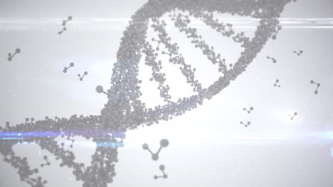 animación de una cadena de adn giratoria, con estructuras moleculares flotantes, en gris pálido